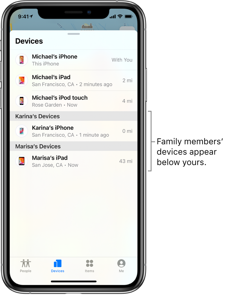 The Devices tab in Find My. Michael’s devices are at the top of the list. Below are Karina’s iPhone and Marisa’s iPad.