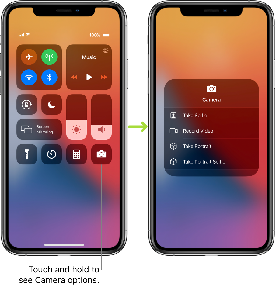 Two Control Center screens side-by-side—the one on the left shows controls for airplane mode, cellular data, Wi-Fi, and Bluetooth in the top-left group, and has a callout that says to touch and hold the Camera icon at the bottom right to see the Camera options. The screen on the right shows additional options for Camera: Take Selfie, Record Video, Take Portrait, and Take Portrait Selfie.