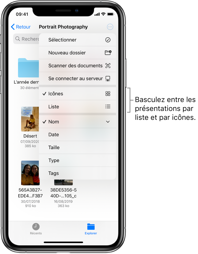 Un emplacement iCloud Drive pour les fichiers de Photographie. Les éléments sont triés par nom et se composent d’un dossier nommé « Rénovation maison de campagne » et de six documents : Halte dans le désert, Karen en bleu, Bord du lac, Ombres de feuilles, Mark à l’envers et Susan en vert. Un bouton pour basculer entre les présentations par liste et par icônes s’affiche près du coin supérieur droit.