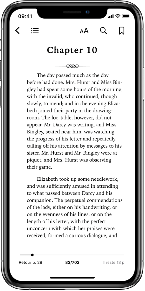 La page d’un livre ouvert dans l’app Livres, avec différents boutons de gauche à droite en haut de l’écran pour fermer le livre, consulter la table des matières, modifier le texte, effectuer une recherche et ajouter des signets. Un curseur apparaît en bas de l’écran.