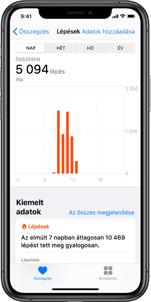 Az Összegzés lap az Egészség alkalmazásban az adott napon megtett lépések kiemelt adataival. Az üzenet így szól: „Átlagosan 10 469 lépést tett meg naponta az elmúlt hét napban.” A szöveg fölötti táblázatban az aznap addig megtett 5094 lépés látható. Az Összegzés gomb a bal alsó részen található, a Böngészés gomb pedig a jobb alsó részen.