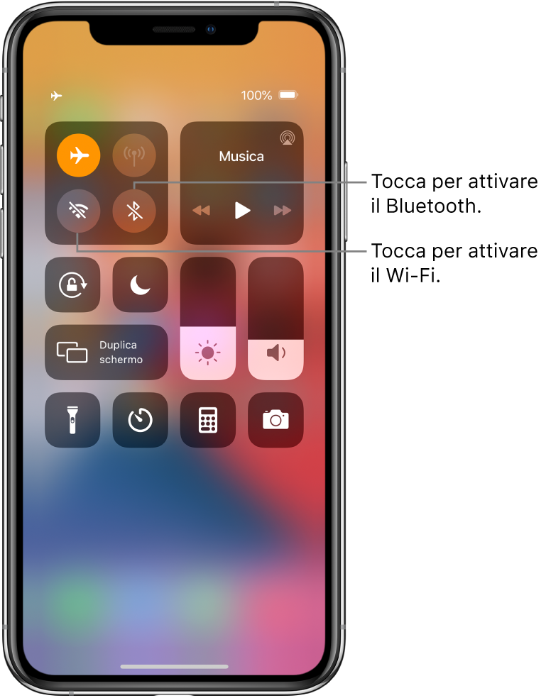 Centro di Controllo con la modalità “Uso in aereo” attivata. I pulsanti per attivare il Wi-Fi e il Bluetooth sono visibili nell'angolo superiore sinistro dello schermo.