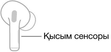 «Қысым сенсоры» түймесінің орнын көрсетіп тұрған оң жақ AirPod құлақаспабының суреті. AirPod құлақаспабы құлаққа салынғанда, «Қысым сенсоры» түймесі экранның жоғарғы шетінде болады.