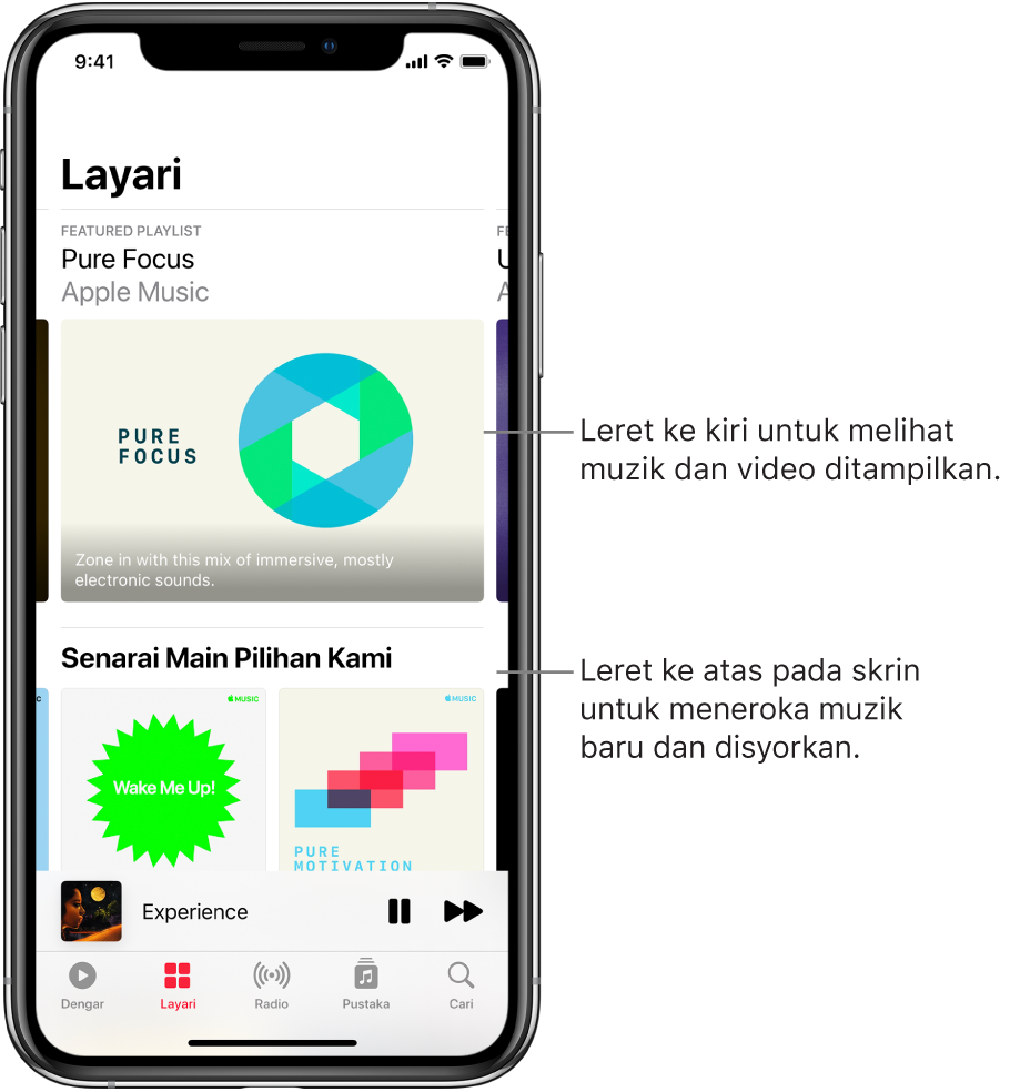 Skrin Layari menunjukkan muzik ditampilkan di atas. Anda boleh meleret ke kiri untuk melihat lebih muzik dan video yang ditampilkan. Bahagian Pilihan Senarai Main Kami kelihatan di bawah, menunjukkan dua stesen Apple Music. Butang Lihat Semua ditunjukkan di bahagian kanan Anda Mesti Dengar. Anda boleh meleret ke atas pada skrin untuk meneroka muzik baru dan disyorkan.