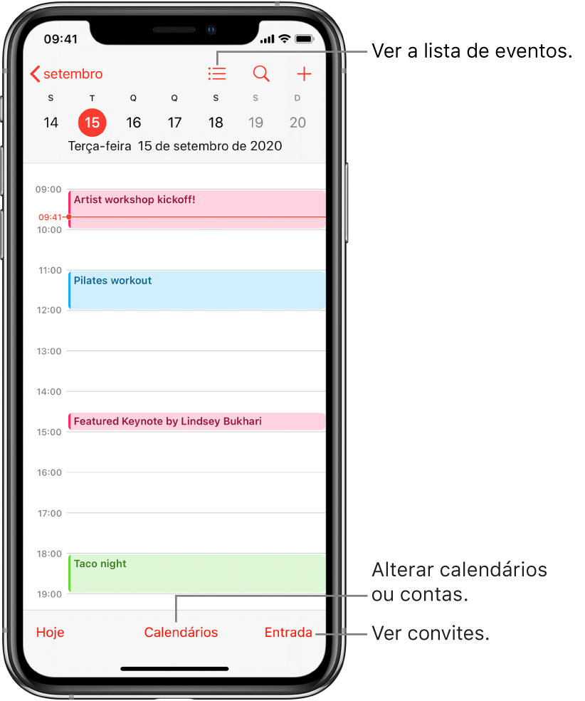 Um calendário na visualização de dia mostrando os eventos do dia. Toque no botão Calendários na parte inferior da tela para alterar as contas do calendário. Toque no botão Entrada no canto inferior direito para ver os convites.