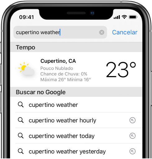 Na parte superior da tela, o campo de busca do Safari, contendo o texto “tempo no recife”. Abaixo do campo de busca, um resultado do app Tempo, mostrando o tempo e a temperatura atuais no Recife. Abaixo desse, resultados da Busca do Google, incluindo “tempo no recife”, “tempo de hora em hora no recife” e “tempo no recife ontem”. No lado direito de cada resultado, uma seta que leva à página de resultado de busca específica.