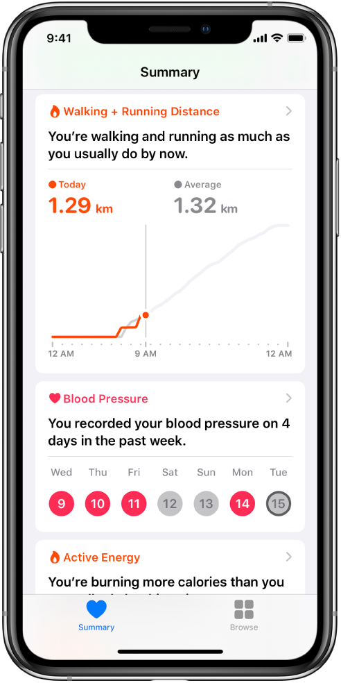 Një ekran Summary ku shfaqen informacionet kryesore që përfshijnë distancën e ecjes dhe vrapimit për ditën dhe numrin e ditëve gjatë javës së kaluar kur është regjistruar presioni i gjakut.