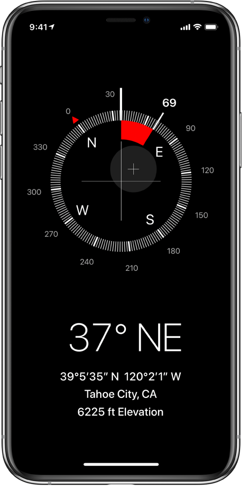 Екран Compass показује смер у коме је окренут iPhone, вашу тренутну локацију и надморску висину.