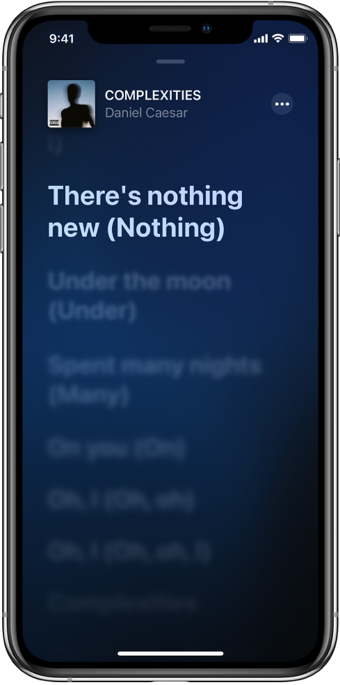 歌詞畫面的最上方顯示歌曲標題、藝人名稱，和「更多」按鈕。現時的歌詞會被重點標示，且後繼的歌詞會被調暗。