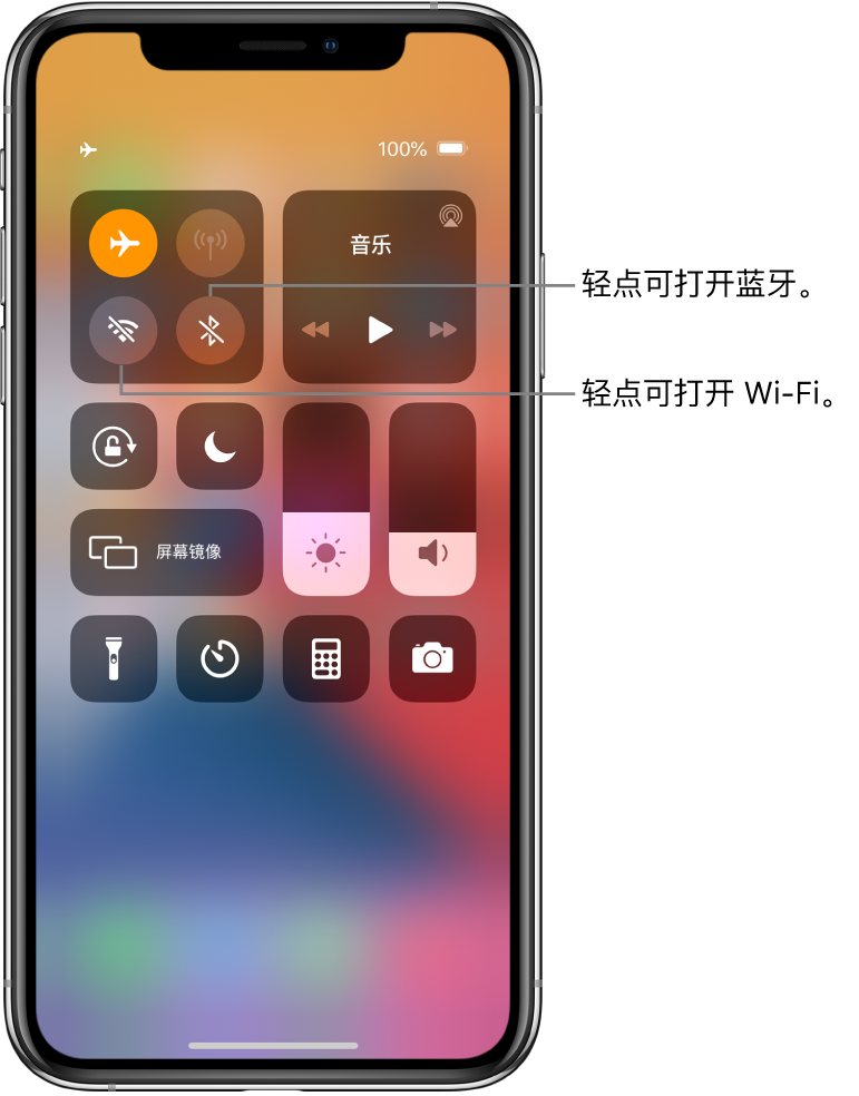 飞行模式已打开的“控制中心”。屏幕左上角附近是用于打开 Wi-Fi 和蓝牙的按钮。
