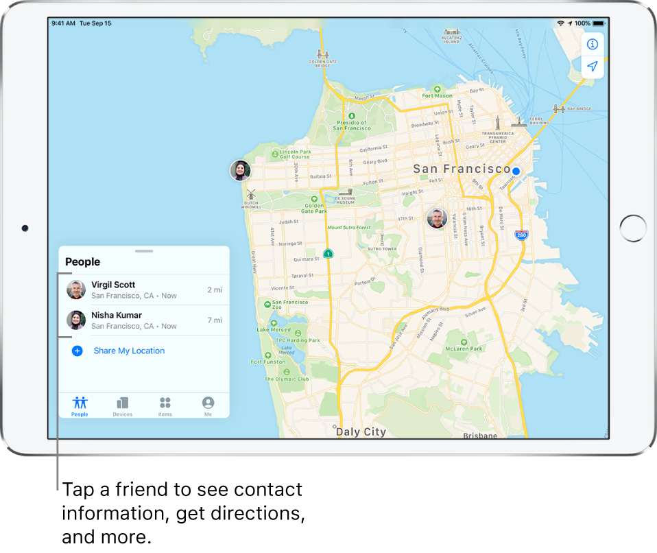 The Find My screen open to the People tab. There are two friends in the People list: Virgil Scott and Nisha Kumar. Their locations are shown on a map of San Francisco.