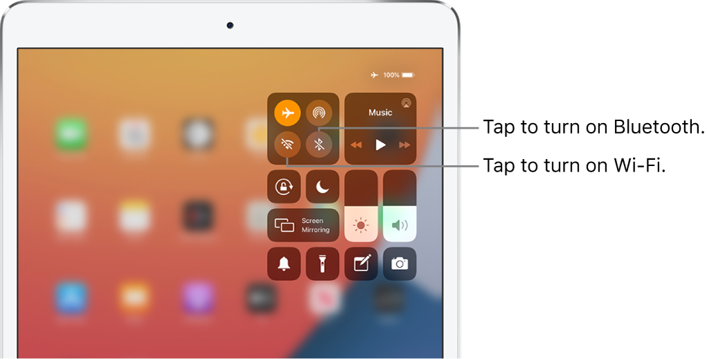 Control Center with airplane mode on. The buttons for turning on Wi-Fi and Bluetooth are near the upper-left corner of the Control Center.