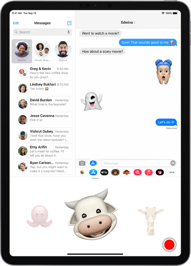 A Messages conversation with a Memoji selected and ready to be recorded before being sent.