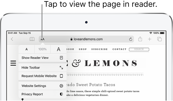 The Safari toolbar, with the Reader button on the left side of the address field.