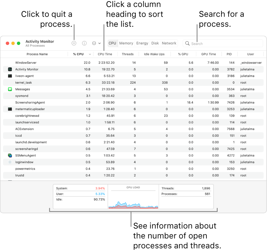 Activity Monitor window showing CPU activity. To quit a process, click the Force Quit button in the upper left. To sort data by a column, click the column heading. To search for a process, enter its name in the search field. At the bottom of the window, see information about the number of open processes and threads.