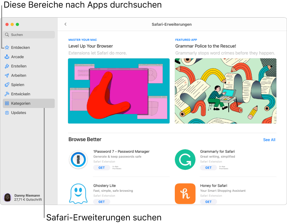 Die Seite „Safari-Erweiterungen“ des Mac App Store. Die Seitenleiste auf der linken Seite enthält Links zu anderen Seiten: Entdecken, Arcade, Erstellen, Arbeiten, Spielen, Entwickeln, Kategorien und Updates. Auf der rechten Seite befinden sich die verfügbaren Safari-Erweiterungen.