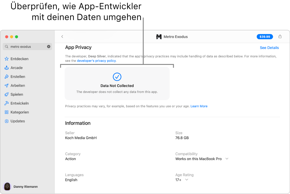 Ein Bereich der Mac App Store-Hauptseite mit der Datenschutzrichtlinie des Entwicklers einer ausgewählten App: Verwendete Daten für das Tracking, personenbezogene Daten und nicht personenbezogene Daten.