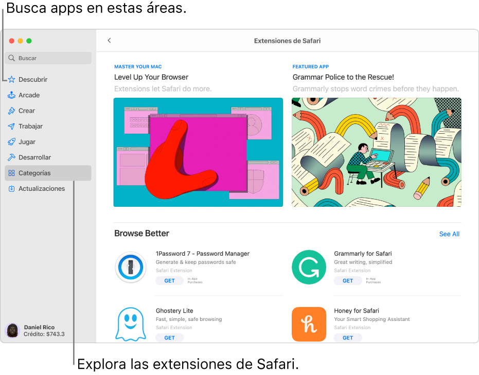 La página de Mac App Store de extensiones de Safari. La barra lateral de la izquierda incluye enlaces a otras páginas: Descubrir, Arcade, Crear, Trabajar, Jugar, Desarrollar, Categorías, y Actualizaciones. A la derecha se encuentran extensiones disponibles de Safari.