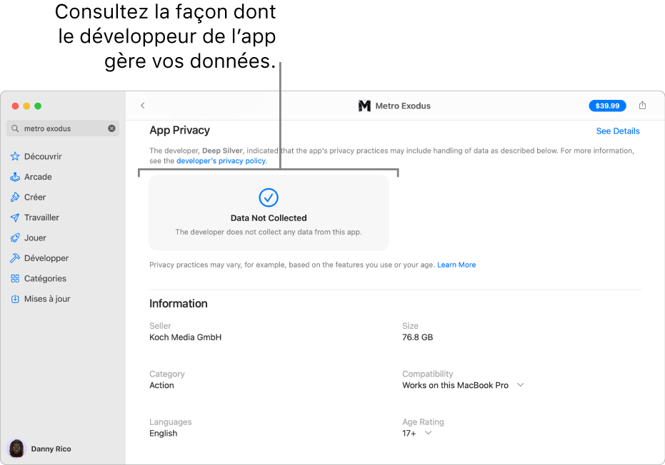 Une partie de la page principale Mac App Store, affichant l’engagement de confidentialité du développeur de l’app sélectionnée : Data Used to Track You (« Données utilisées pour vous suivre »), Data Linked to You (« Données liées à vous ») et Data Not Linked to You (« Données non liées à vous »).