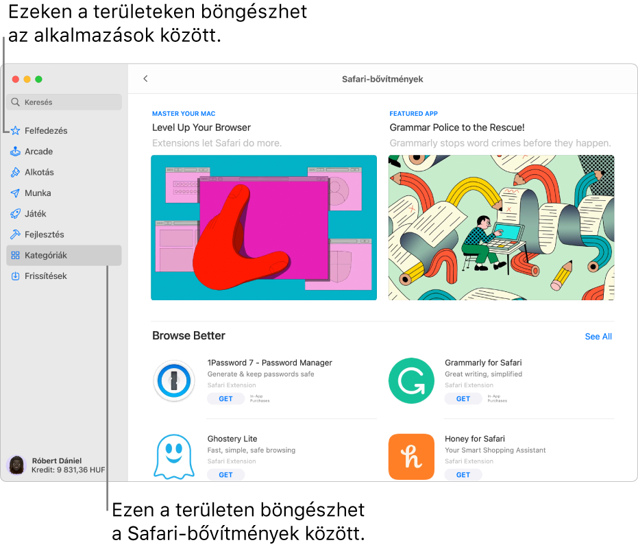 A Safari-bővítmények oldala a Mac App Store-ban. A bal oldali oldalsávon más oldalakra mutató hivatkozások láthatók: Felfedezés, Arcade, Alkotás, Munka, Játék, Fejlesztés, Kategóriák és Frissítések. A jobb oldalon az elérhető Safari-bővítmények láthatók.