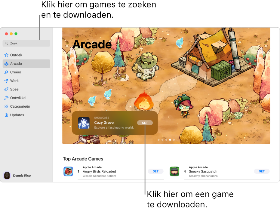 De beginpagina van Apple Arcade. In het paneel aan de rechterkant wordt een populaire game weergegeven, met daaronder andere beschikbare games.