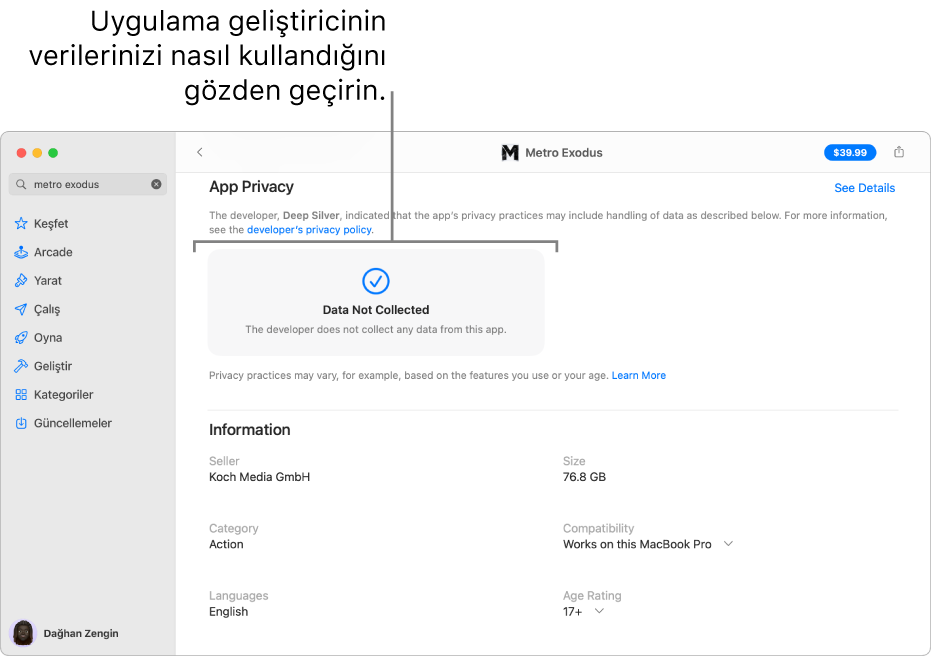 Mac App Store ana sayfasının bir bölümü, seçili uygulamanın geliştiricisinin gizlilik politikasını gösteriyor: Sizi İzlemek İçin Kullanılan Veriler, Size Bağlı Veriler ve Size Bağlı Olmayan Veriler.