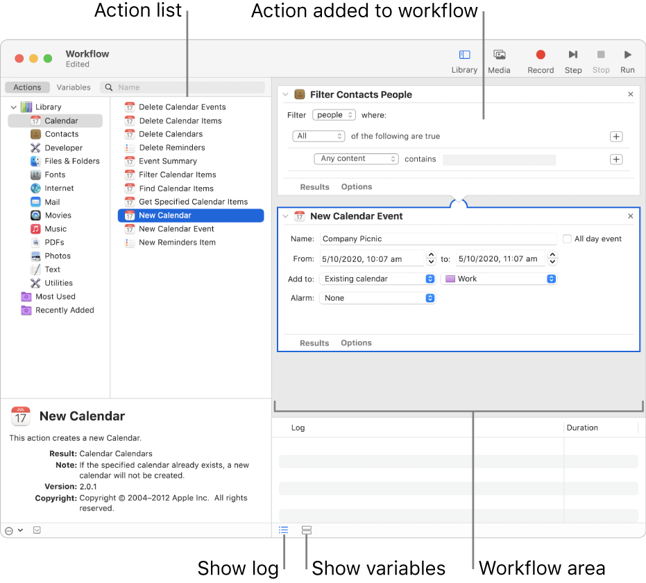 The Automator window. The Library appears at the far left and contains a list of apps that Automator provides actions for. The Calendar app is selected in the list and actions available in Calendar are listed in the column to the right. On the right side of the window is a workflow that has a Calendar action added to it.