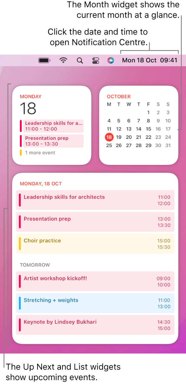 Three Calendar widgets — an Up Next widget, a List widget showing upcoming events for the current day, and a Month widget showing the current month. Click the date and time in the menu bar to open Notification Centre and customise widgets.