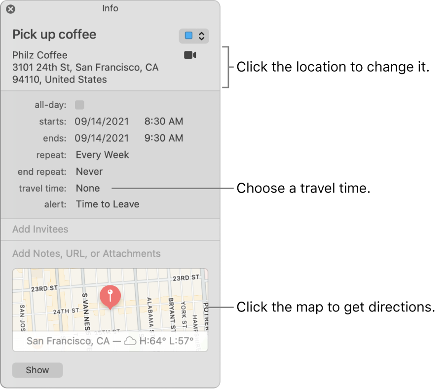 Info window for an event, with the pointer over the Travel Time pop-up menu. Choose a travel time from the pop-up menu. Click the location to change it. Click the map to get directions