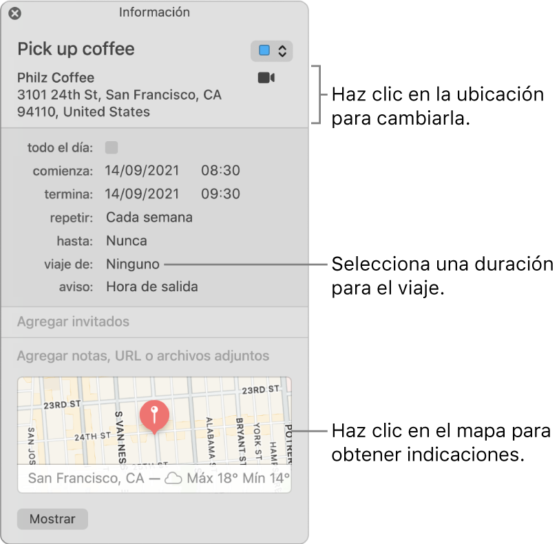 Ventana de información de un evento, con el puntero sobre el menú desplegable "Duración del viaje". Selecciona una duración de viaje en el menú desplegable. Haz clic en la ubicación para cambiarla. Haz clic en el mapa para obtener indicaciones