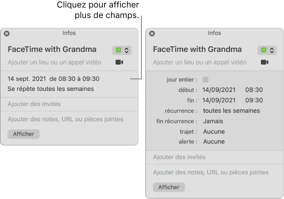 Fenêtre d’informations d’un évènement avec les détails masqués (à gauche), puis la même fenêtre d’informations avec les détails relatifs à la durée affichés (à droite).