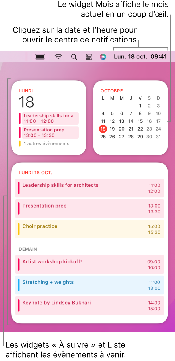 Trois widgets Calendrier : un widget « À suivre » et un widget Liste qui affiche les évènements à suivre pour le jour actuel et un widget Mois affichant le mois actuel. Cliquez sur la date et l’heure dans la barre des menus pour ouvrir le centre de notifications et personnaliser les widgets.