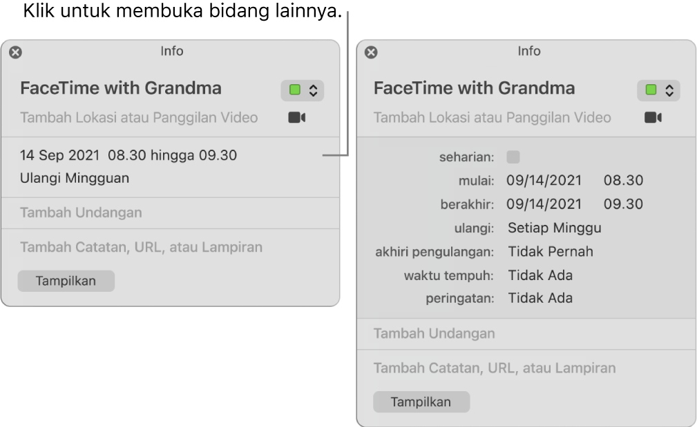 Gambar di sebelah kiri menampilkan jendela Info yang tidak diperluas untuk acara. Di sebelah kanan, jendela Info untuk acara yang sama diperluas untuk menampilkan bidang tambahan, seperti waktu mulai, berakhir, berulang, dan perjalanan.