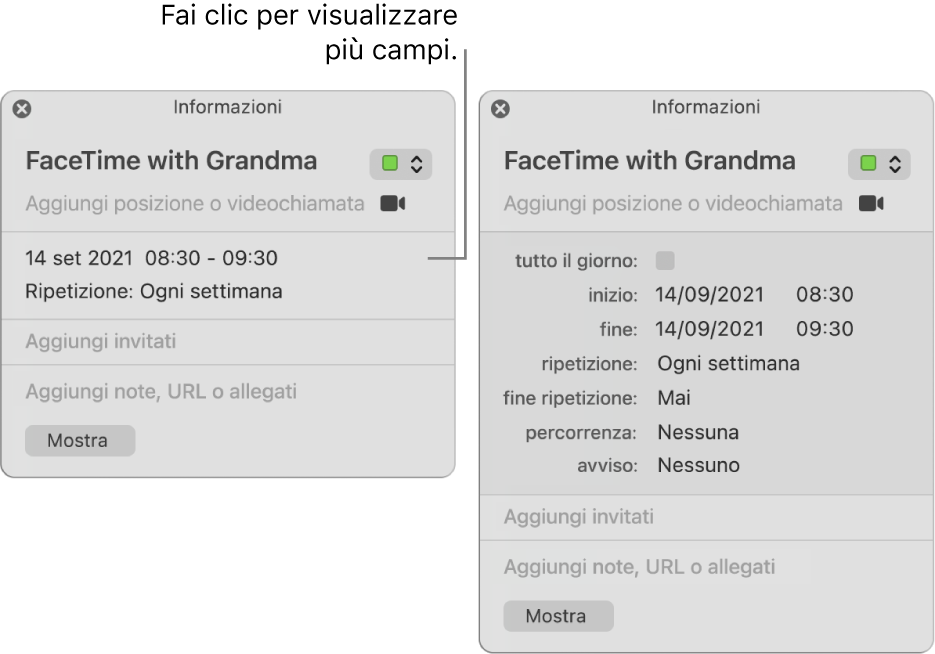 Finestra delle informazioni di un evento con i dettagli nascosti (a sinistra) e la stessa finestra che mostra la durata (a destra).