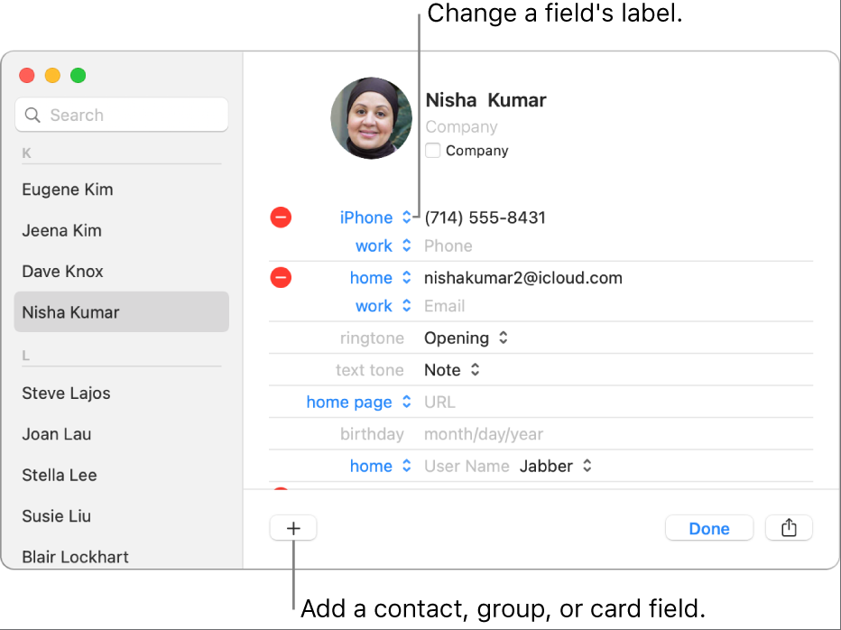 A contact card showing a field label that can be changed and the button at the bottom of the card for adding a contact, group, or card field.