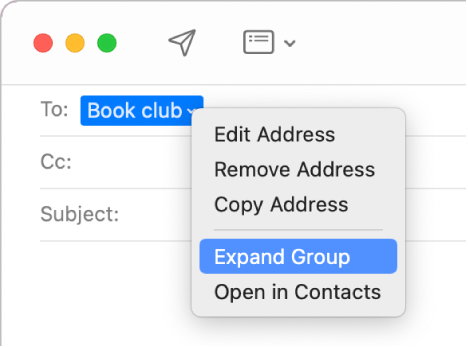 An email in Mail, showing a group in the To field and the pop-up menu showing the Expand Group command selected.