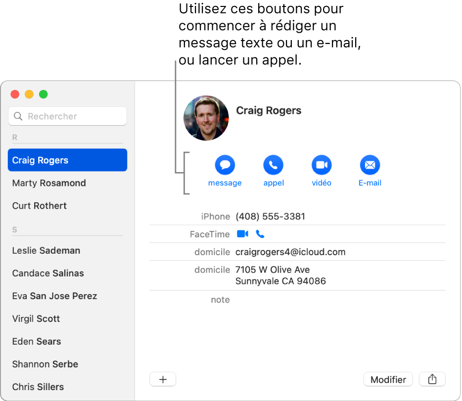 Une fiche de contact affichant les boutons situés sous le nom du contact. Vous pouvez utiliser ces boutons pour commencer un SMS, un appel téléphonique, audio ou vidéo, ou un e-mail.