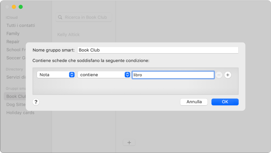 La finestra per l’aggiunta di un gruppo smart, in cui il nome del gruppo è “Circolo lettura” e comprende i contatti che presentano la parola “libro” nel campo Note della loro scheda.