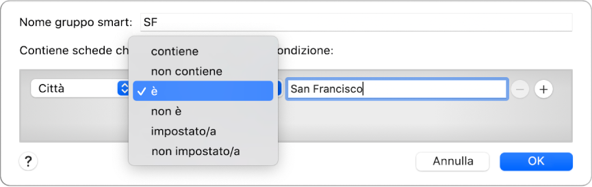 La finestra del gruppo smart che mostra un gruppo chiamato SF e una condizione con tre criteri: Città nel primo campo, “è” selezionato da un menu a comparsa nel secondo campo e San Francisco nel terzo campo.
