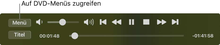 Die Taste „Menü“ befindet sich oben links in den Wiedergabesteuerungen der App „DVD-Player“. Klicke auf die Menütaste, um auf die DVD-Menüs zuzugreifen.