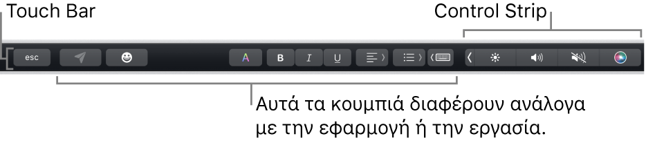 Το Touch Bar κατά μήκος του πάνω μέρους του πληκτρολογίου, όπου εμφανίζεται το συμπτυγμένο Control Strip στα δεξιά και κουμπιά που διαφέρουν ανάλογα με την εφαρμογή ή την εργασία.