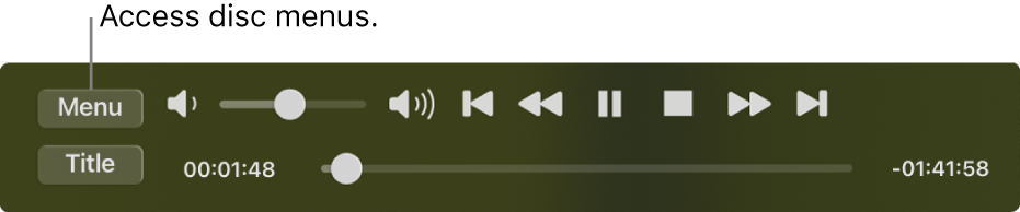 The Menu button is in the top-left corner of the DVD Player playback controls. Click the Menu button to access the disc menus.