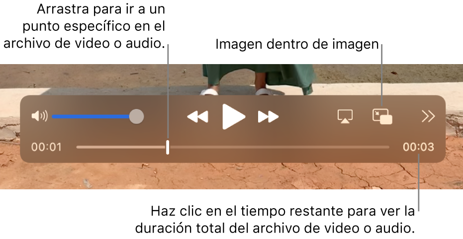 Los controles de reproducción de QuickTime Player. En la parte superior se encuentran el control de volumen, el botón Retroceder, el botón “Reproducir/Pausar”, el botón Adelantar, el botón “Elegir pantalla”, el botón “Imagen dentro de imagen”, el botón “Compartir y velocidad de reproducción”. En la parte inferior se sitúa el cursor de reproducción que puede arrastrar para ir a un punto específico del archivo. El tiempo restante en el archivo aparece en la parte inferior.