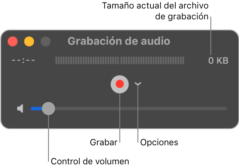 La ventana "Grabación de audio" con el botón Grabar, el menú desplegable Opciones en el centro de la ventana y el control de volumen en la parte inferior.