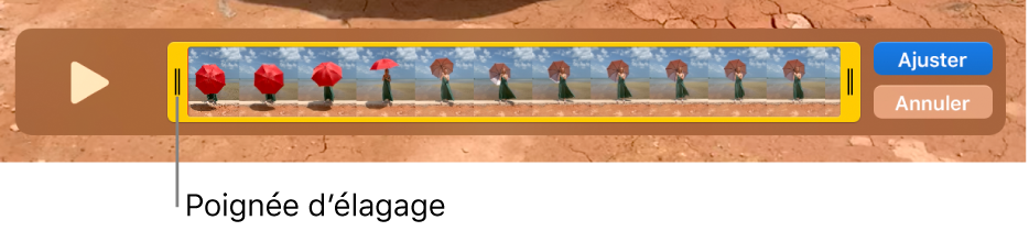 Un plan dans la fenêtre QuickTime Player, montrant une partie du plan entre les poignées jaunes, et le reste en dehors. Le bouton Élaguer et le bouton Annuler sont à droite.