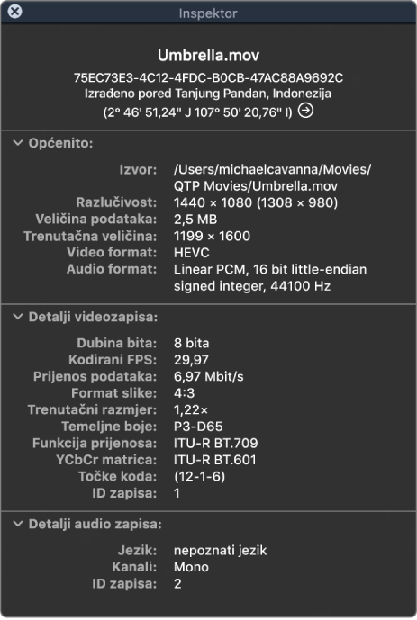 Inspektor filma koji prikazuje opće informacije o datoteci uključujući razlučivost, veličinu podataka te format audio i video zapisa. Prozor također prikazuje detalje video i audio zapisa o odabranoj datoteci.