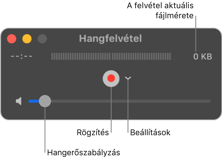 A Hangfelvétel ablak; középen a Felvétel gomb és a Beállítások felugró menü, alul pedig a hangerőszabályzó.