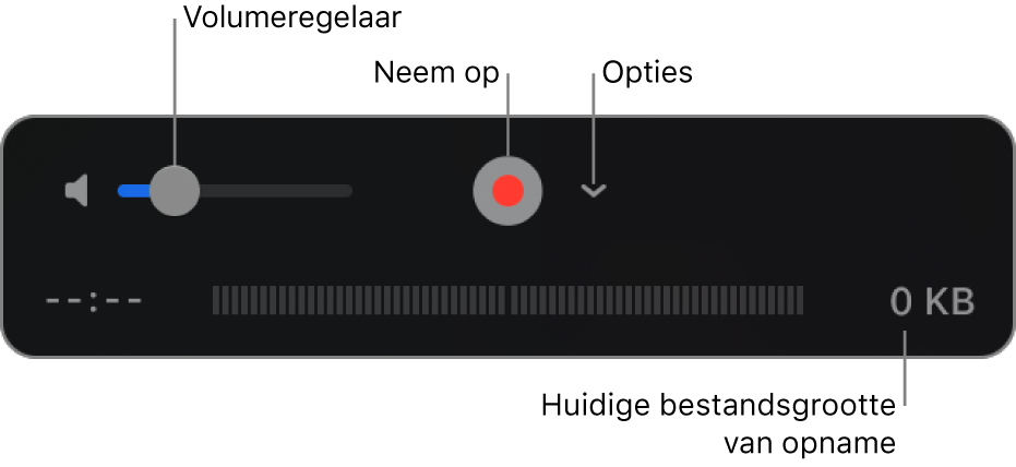 De opnameregelaars, met de volumeregelaar, de opnameknop en het venstermenu 'Opties'.