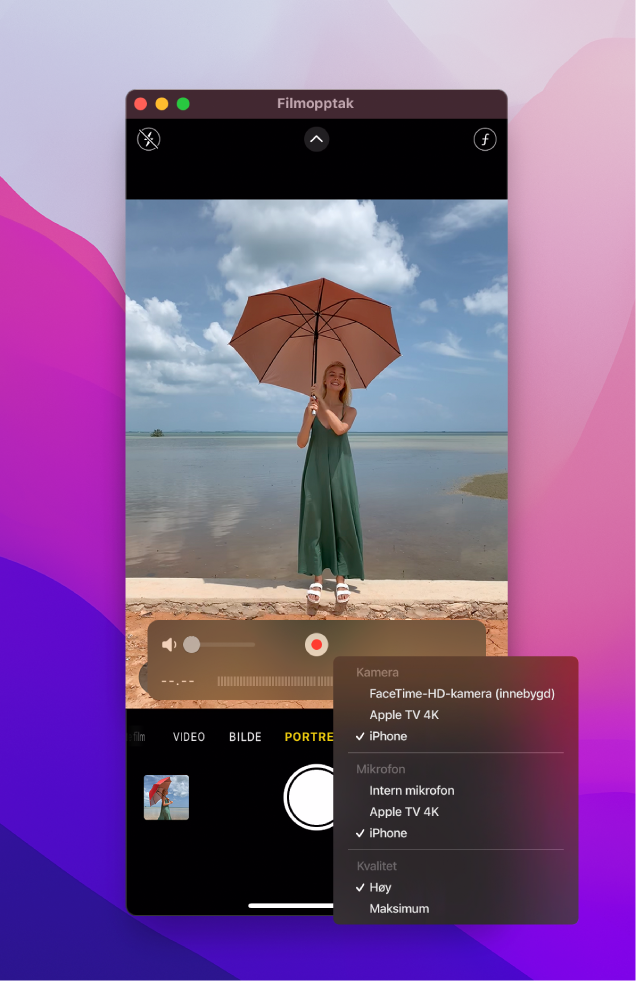 QuickTime Player-vinduet på Mac under opptak med en iPhone.
