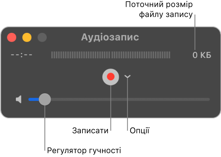 Вікно «Аудіозапис» із кнопкою «Записати» і спливним меню «Параметри» посередині вікна і регулятором гучності внизу.